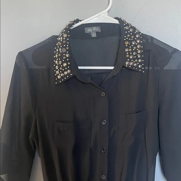 Lily Rose size small black sheer shirt dress with accented collar dark academia - Picture 2 of 12